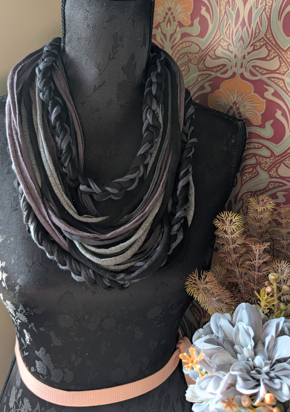 Ashen, Gothic/boho Handmade Cowl Length Infinity Scarf