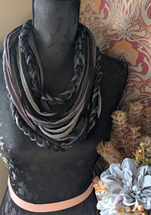 Ashen, Gothic/boho Handmade Cowl Length Infinity Scarf