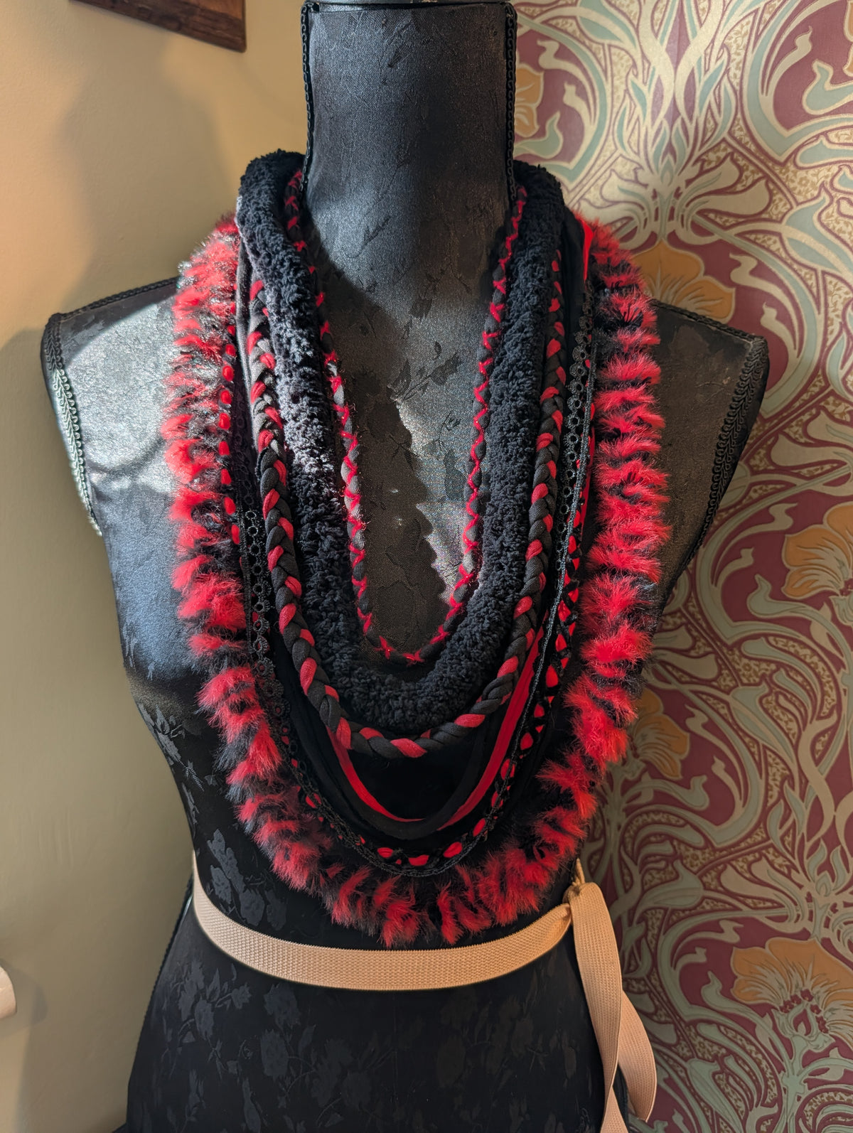 Wolfblood, Handmade Gothic accessory in Scarlet and Black fabric, Unique Necklace/Infinity Scarf