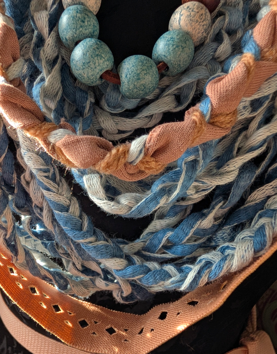 Desert Boho Style Infinity Scarf with Ceramic and Wooden Bead Necklace