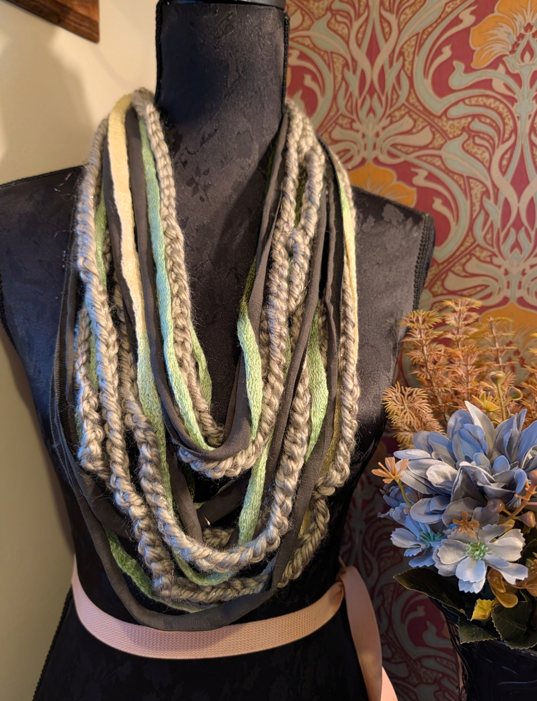 Green Meadow, Upcycled Crocheted Infinity Scarf