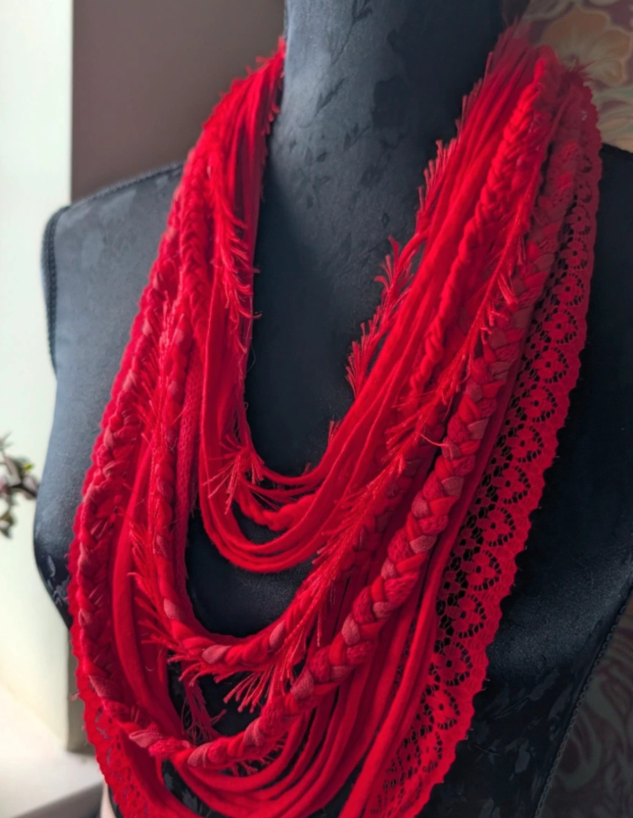 Cherry, Boho style Infinity Scarf or Fabric Necklace