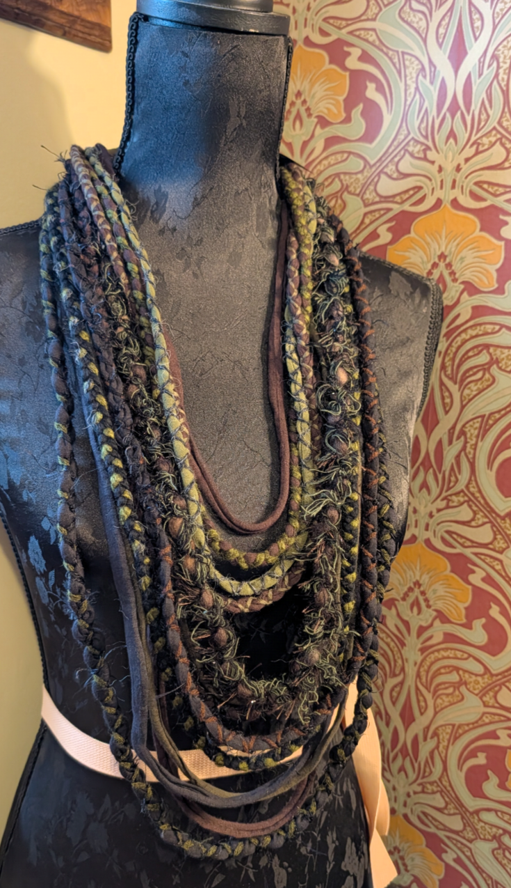 Moss Hollow, A Beautiful, forest inspired fabric necklace, Earthy shades that create a dark and witchy overtone