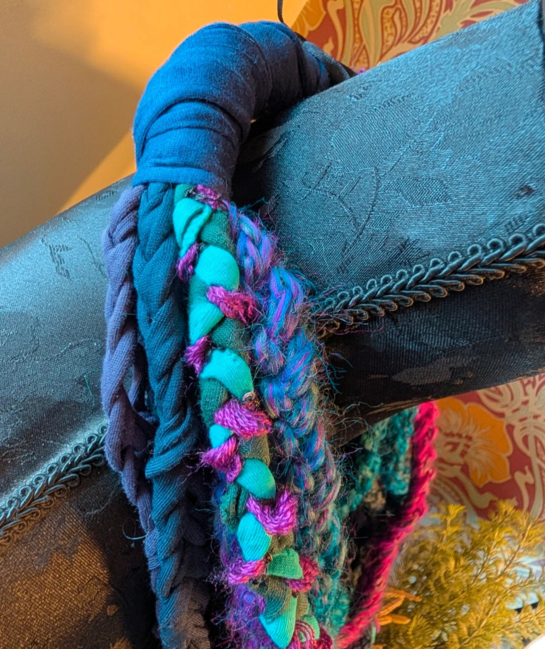 Shades of Peacock, Cowl length Handmade, Upcycled infinity scarf