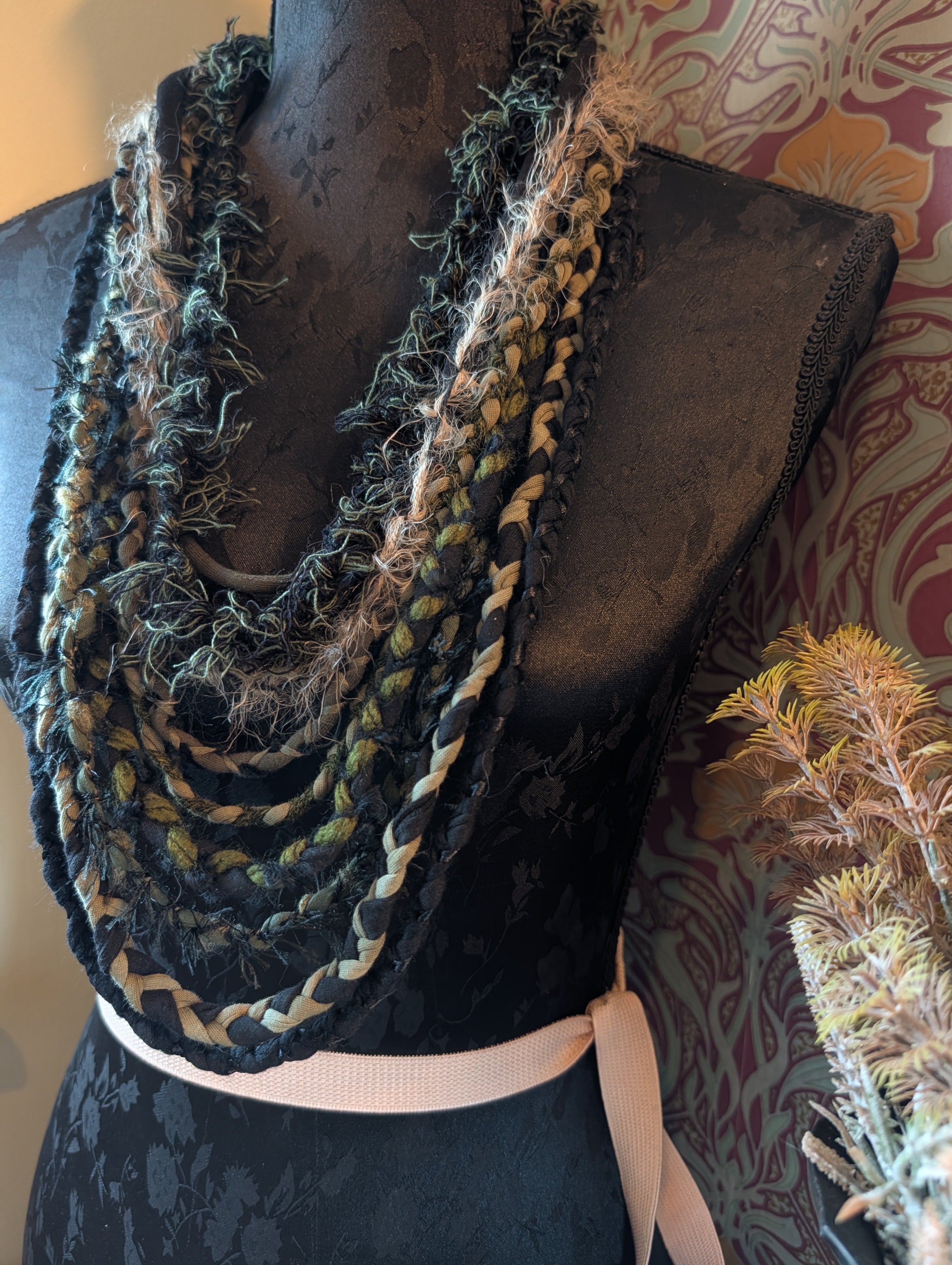 Midnight Moss Fabric Necklace, Deliciously dark handmade, upcycled and unique item