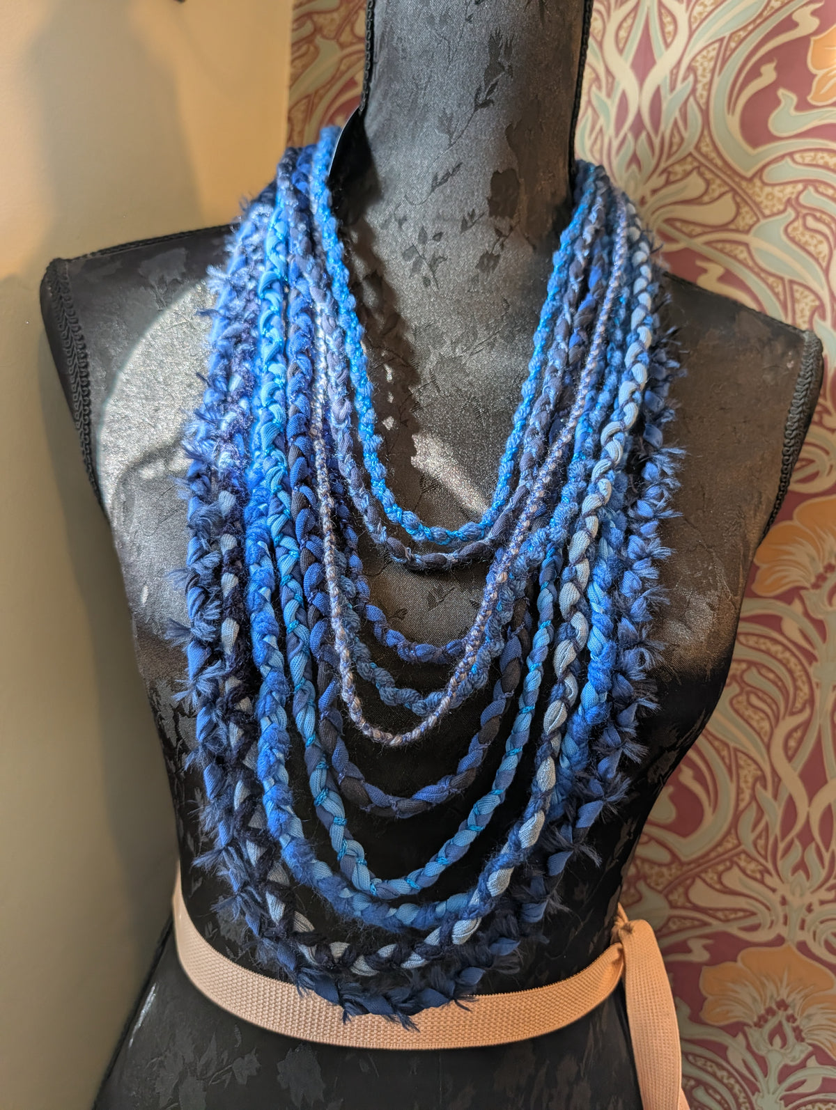 Mystic Azure, Boho Style Layered Fabric Necklace, Handmade & Unique Gift