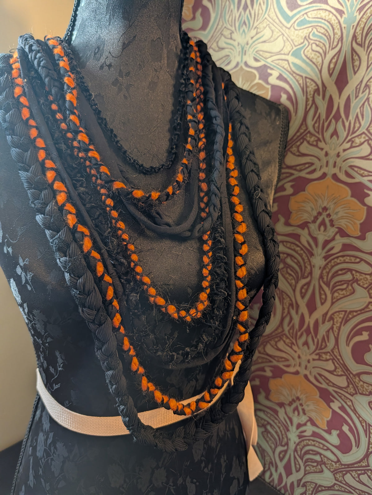 Pumpkin Moon, Upcycled Handmade Fabric Necklace, Goth Accessory, Halloween Accessory