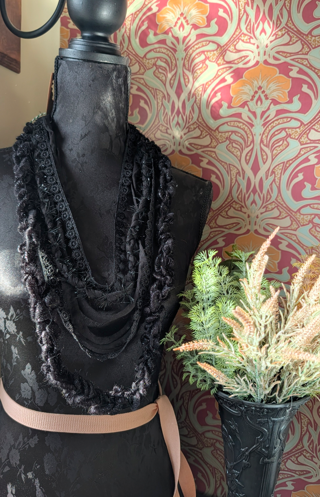 Obsidian, Gothic Statement Fabric Necklace