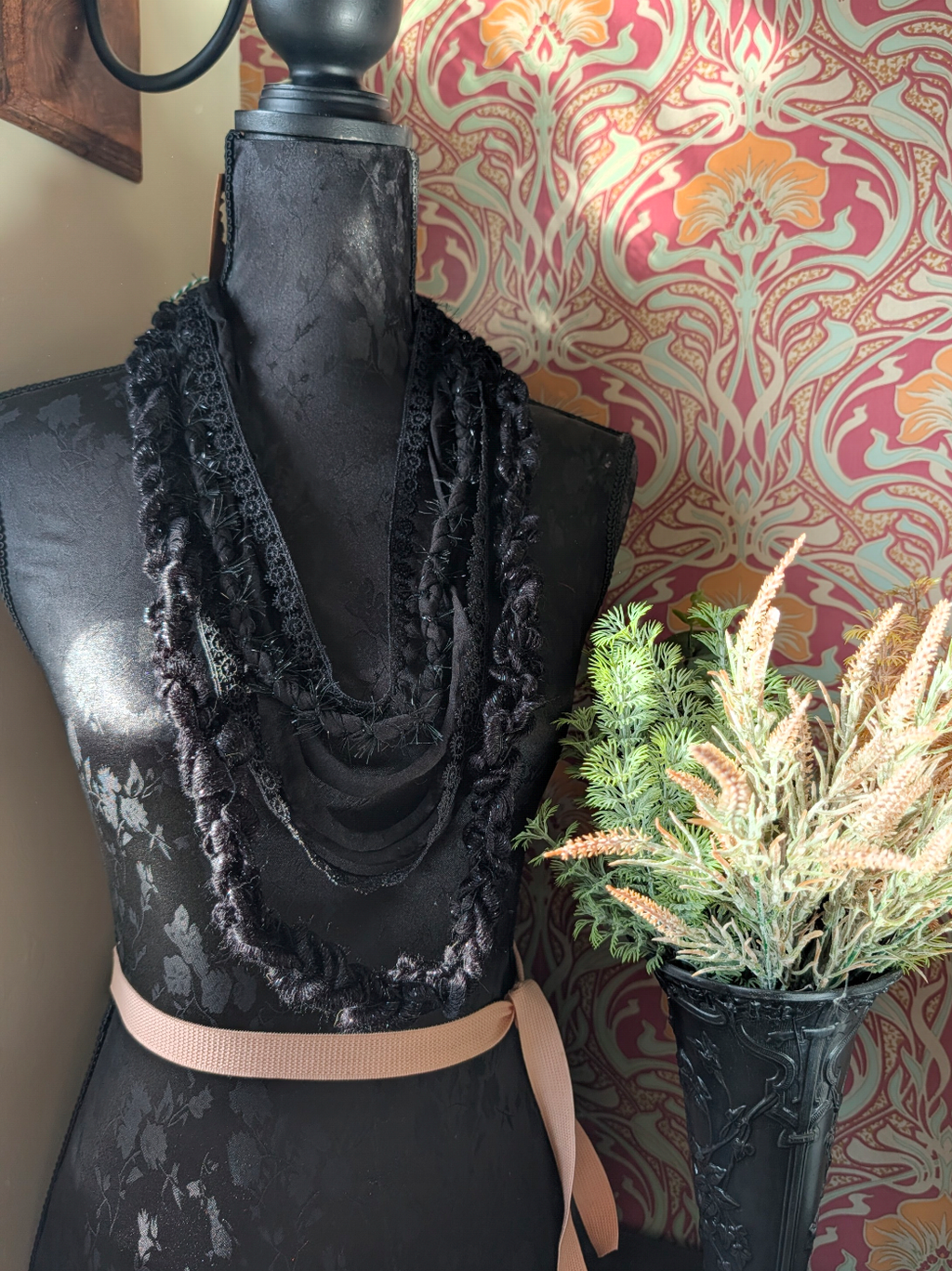 Obsidian, Gothic Statement Fabric Necklace