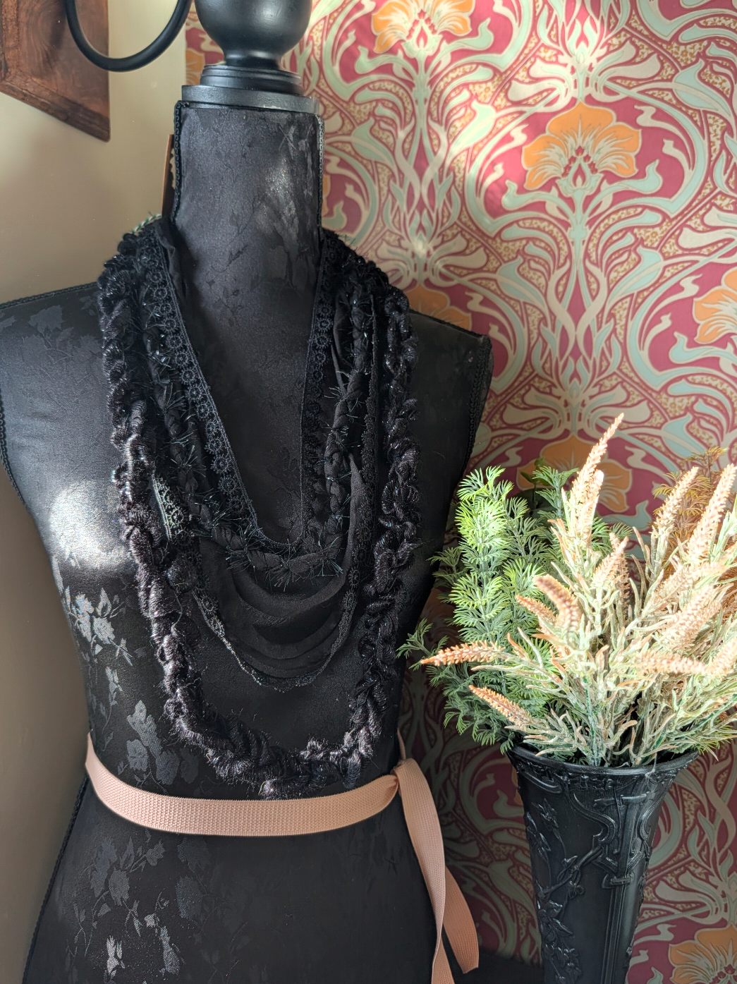 Obsidian, Gothic Statement Fabric Necklace