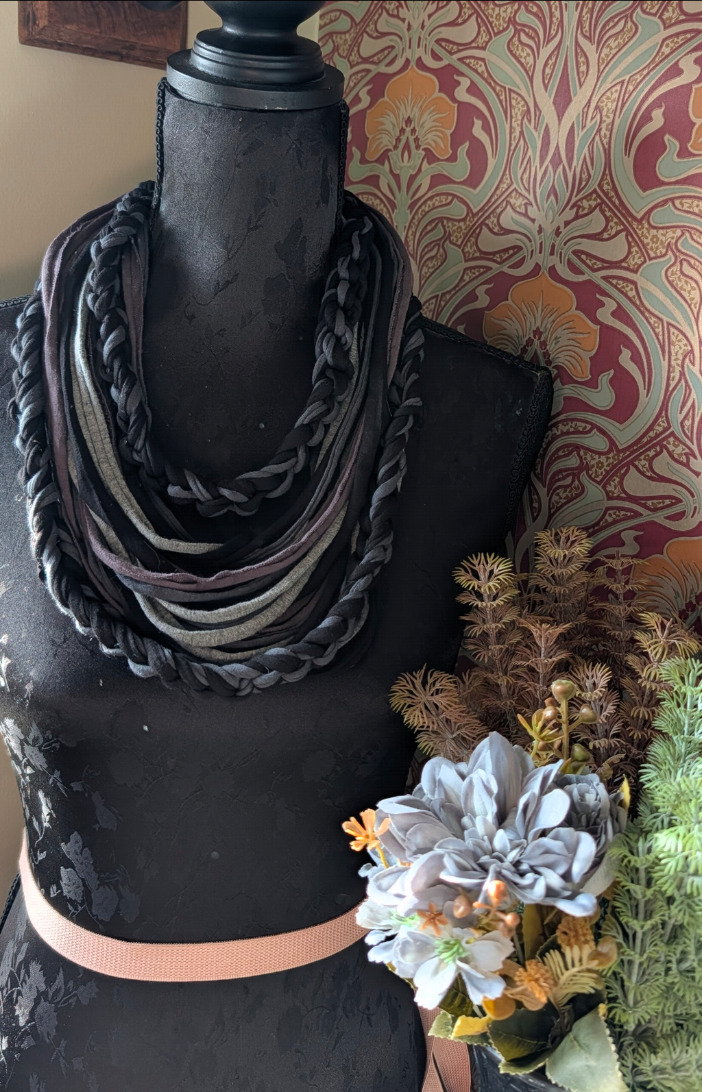 Ashen, Gothic/boho Handmade Cowl Length Infinity Scarf