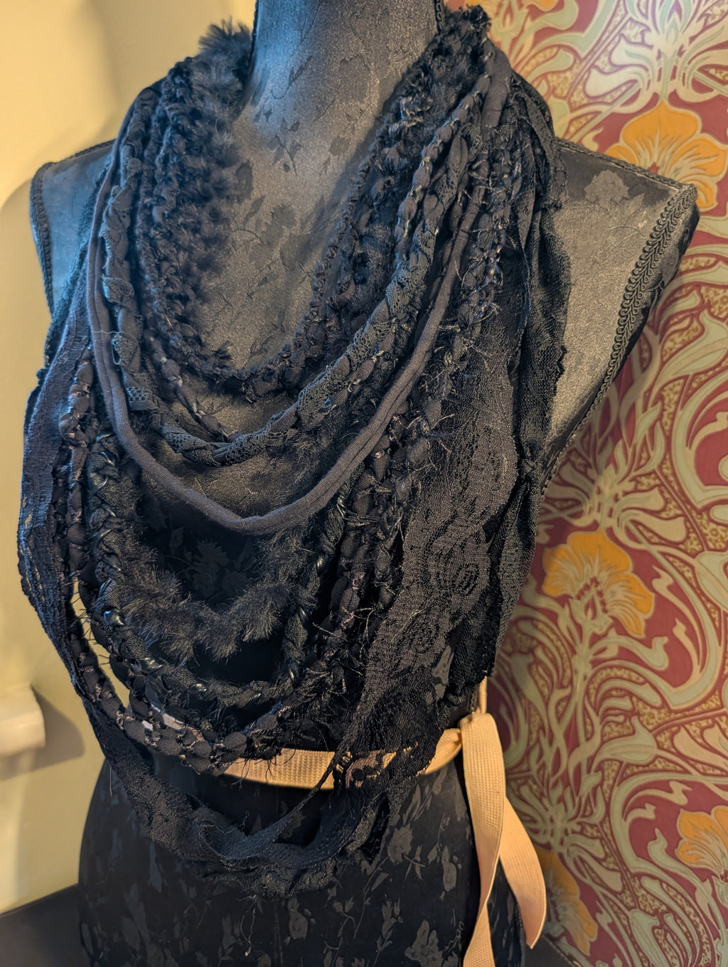 Gothic style Fabric Necklace,Nocturne, Handmade & Unique, Beautiful lace and weave is layered, made using sustainable materials