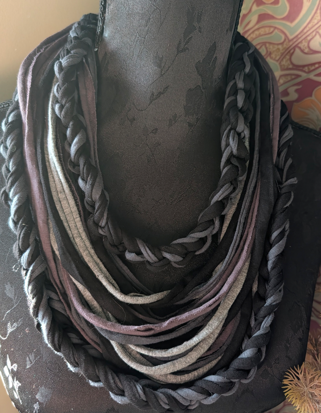 Ashen, Gothic/boho Handmade Cowl Length Infinity Scarf