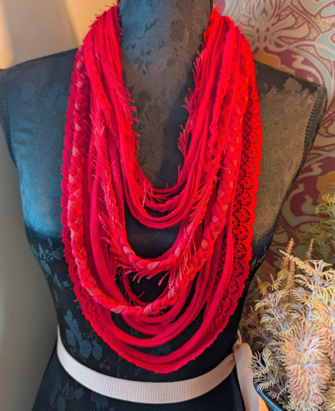 Cherry, Boho style Infinity Scarf or Fabric Necklace