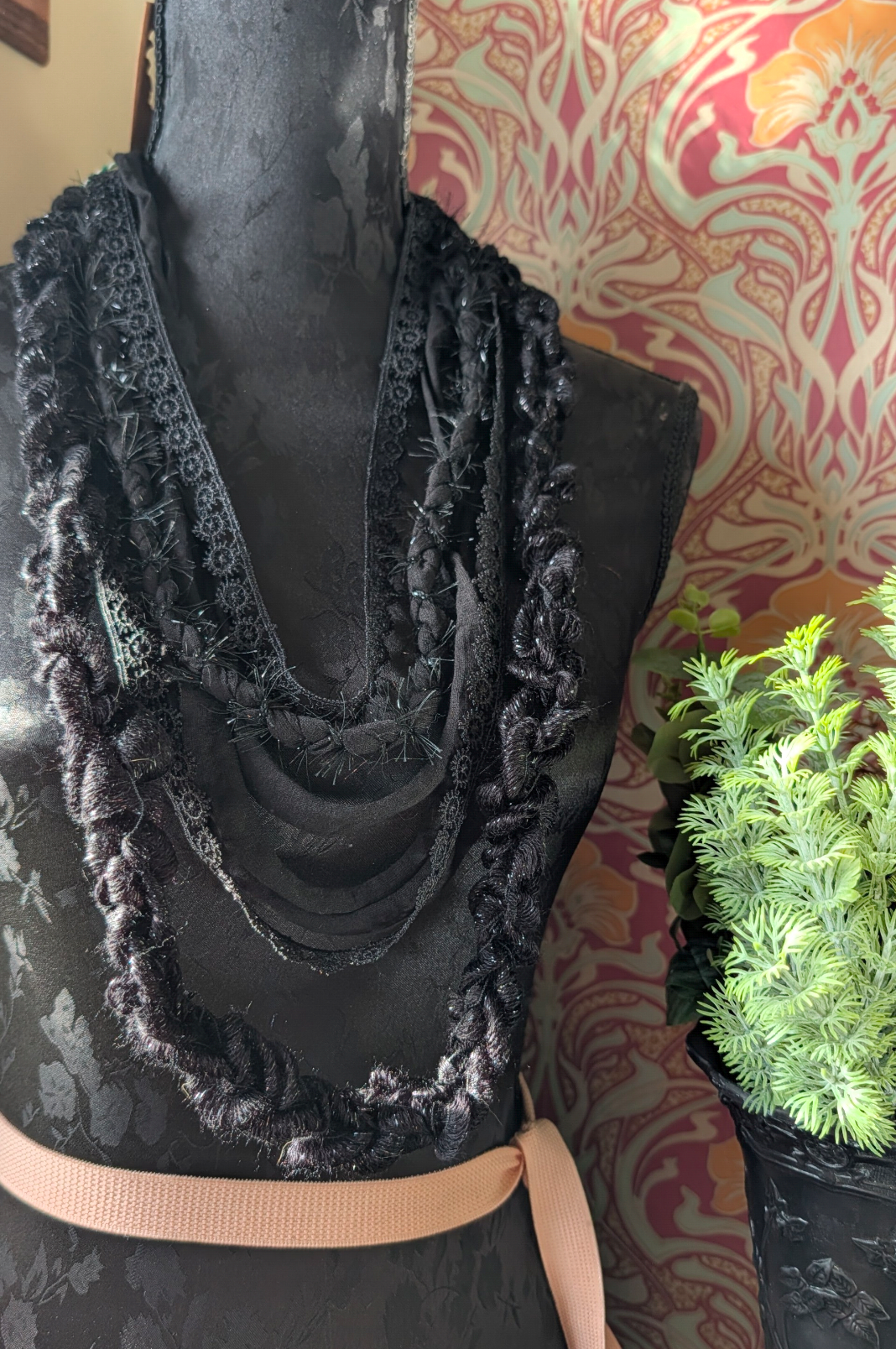 Obsidian, Gothic Statement Fabric Necklace