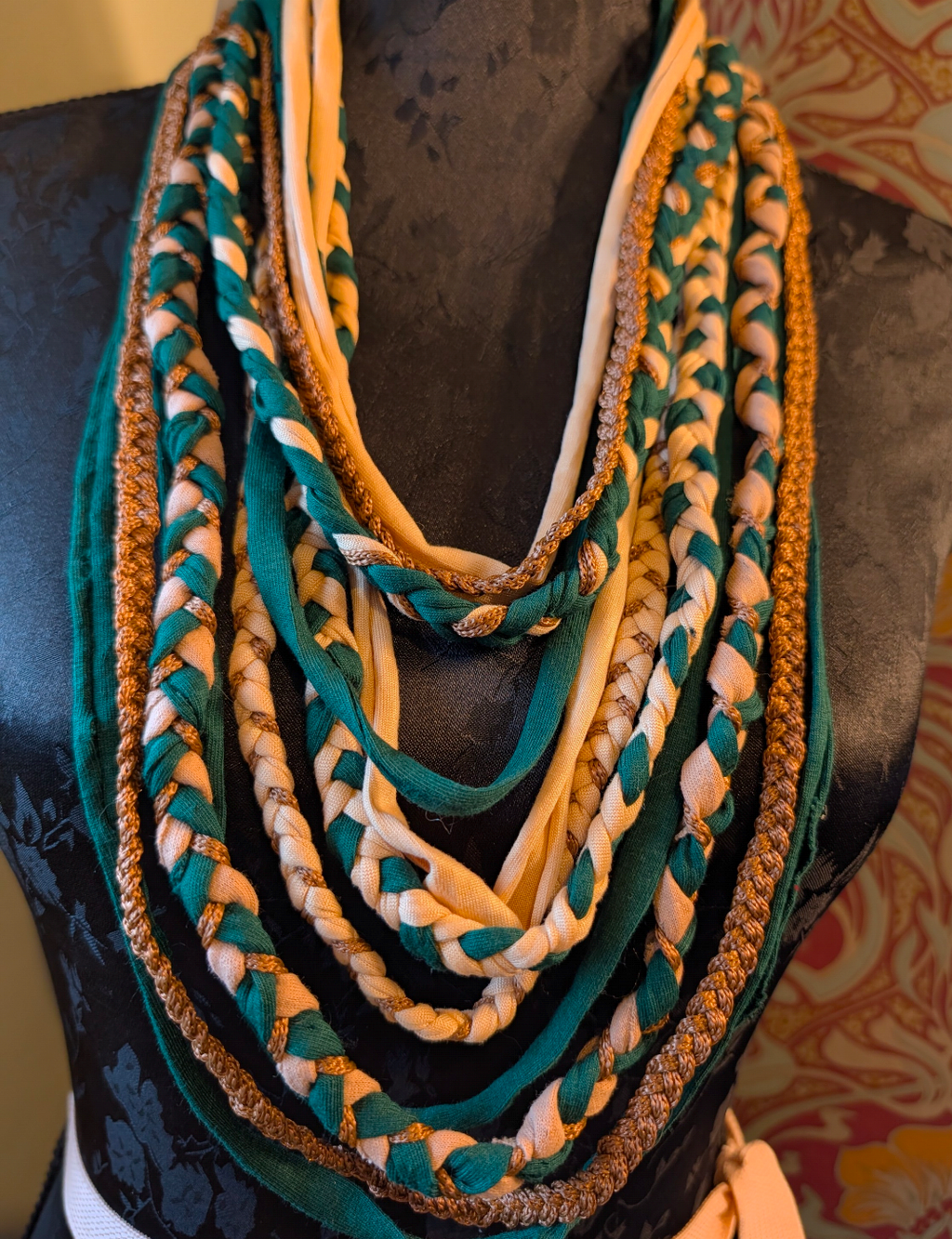 Tudor Malachite, Handmade Unique Upcycled Fabric Necklace