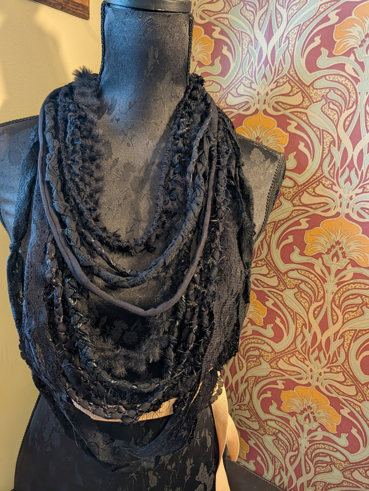 Gothic style Fabric Necklace,Nocturne, Handmade & Unique, Beautiful lace and weave is layered, made using sustainable materials