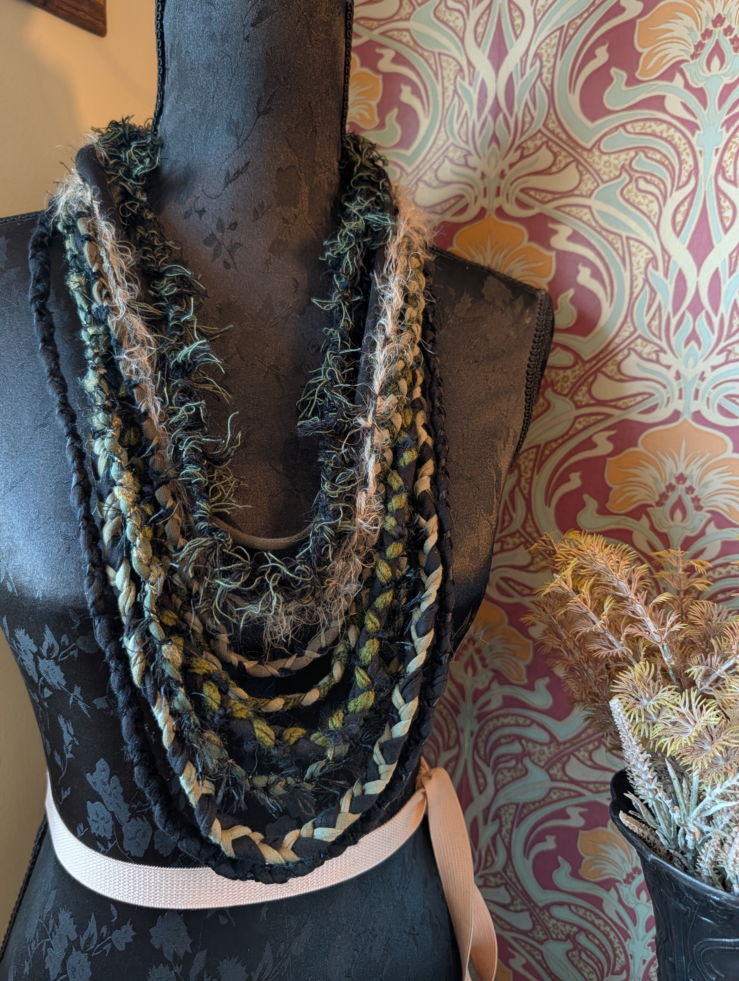 Midnight Moss Fabric Necklace, Deliciously dark handmade, upcycled and unique item