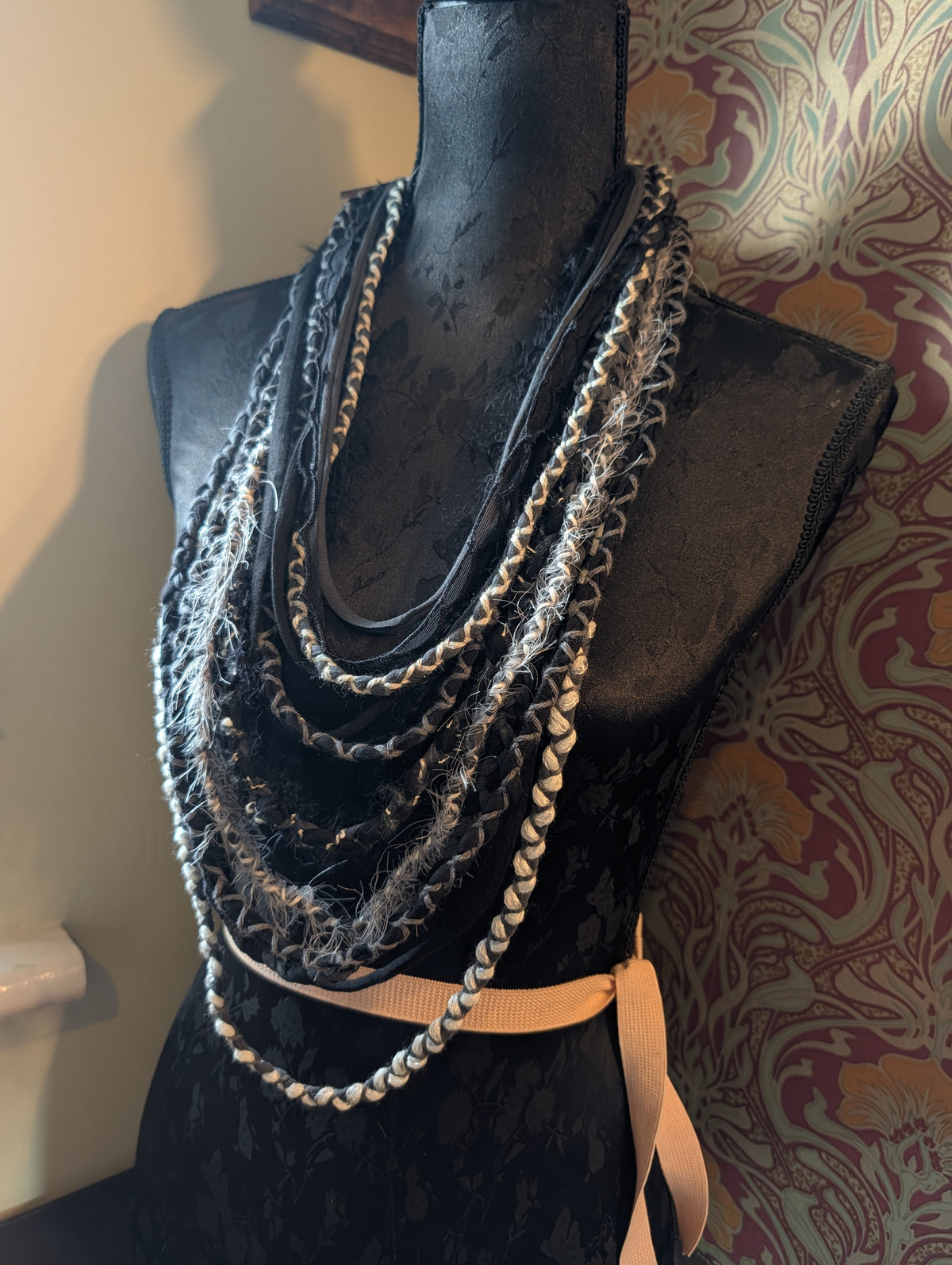 Moon child, A witchy, boho, gothic fabric necklace, whimsical, hand woven and Upcycled