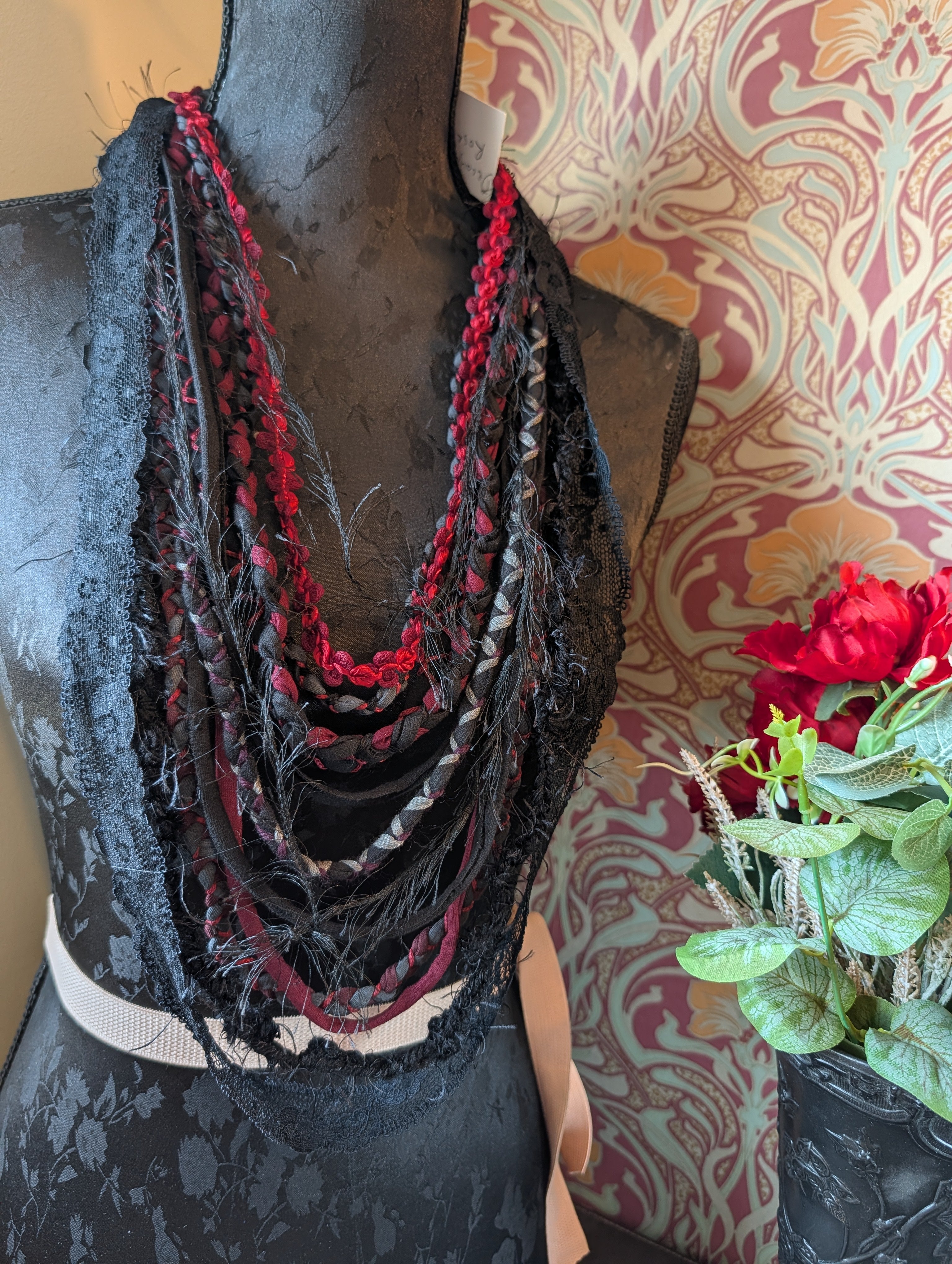 Decayed Roses, beautiful upcycled gothic fabric necklace, handmade