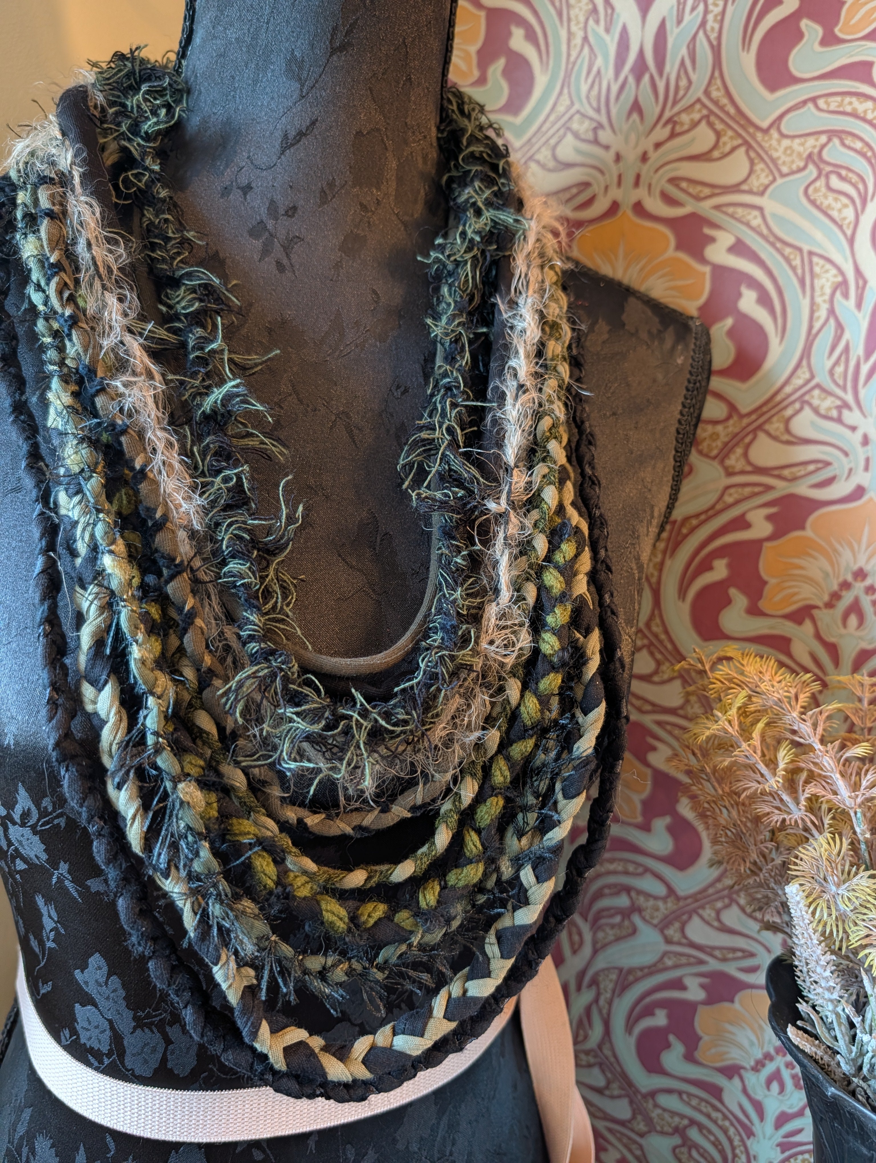 Midnight Moss Fabric Necklace, Deliciously dark handmade, upcycled and unique item