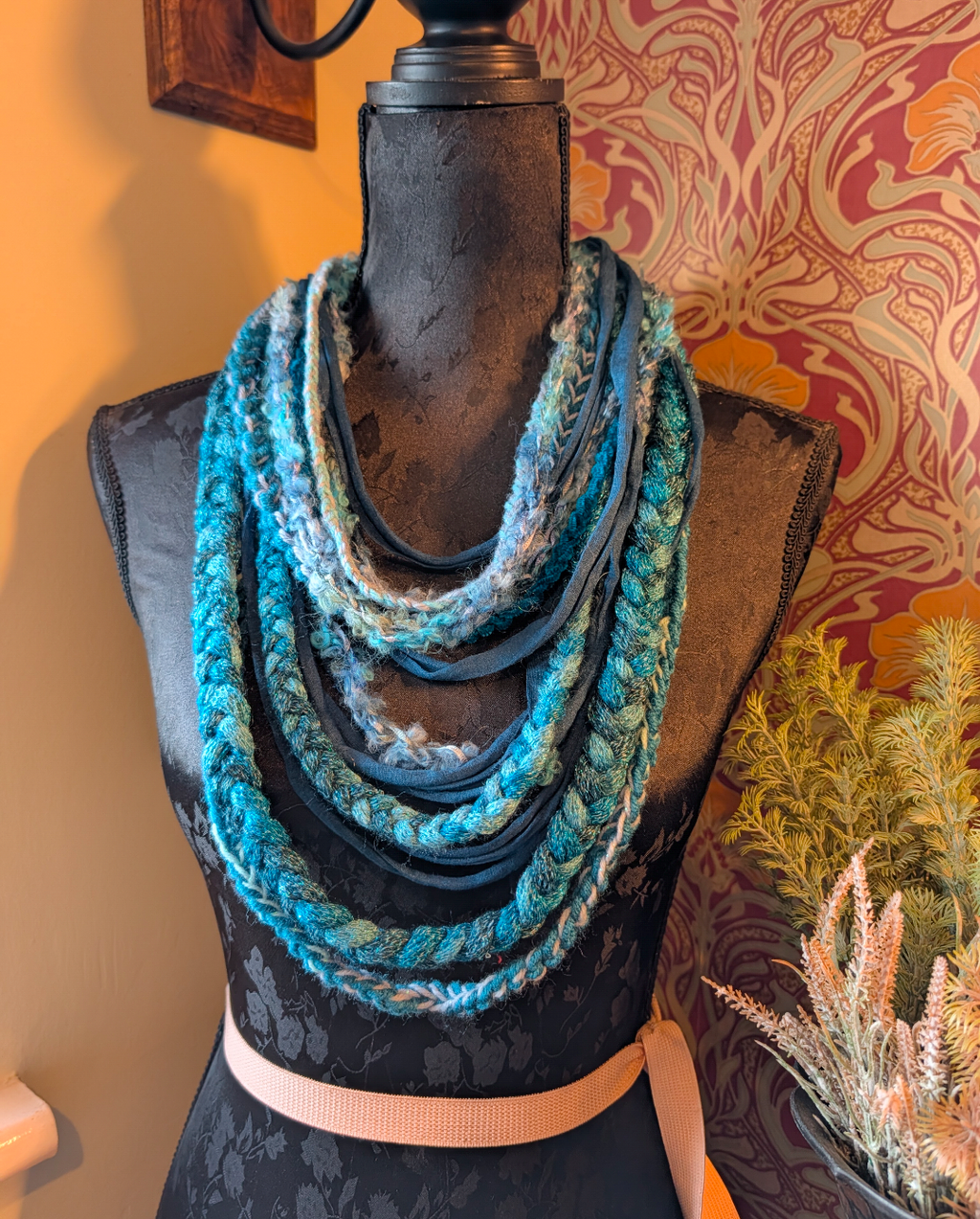 Teal Shimmer Handcrafted Bohemian Style Multi-strand Crocheted Scarf