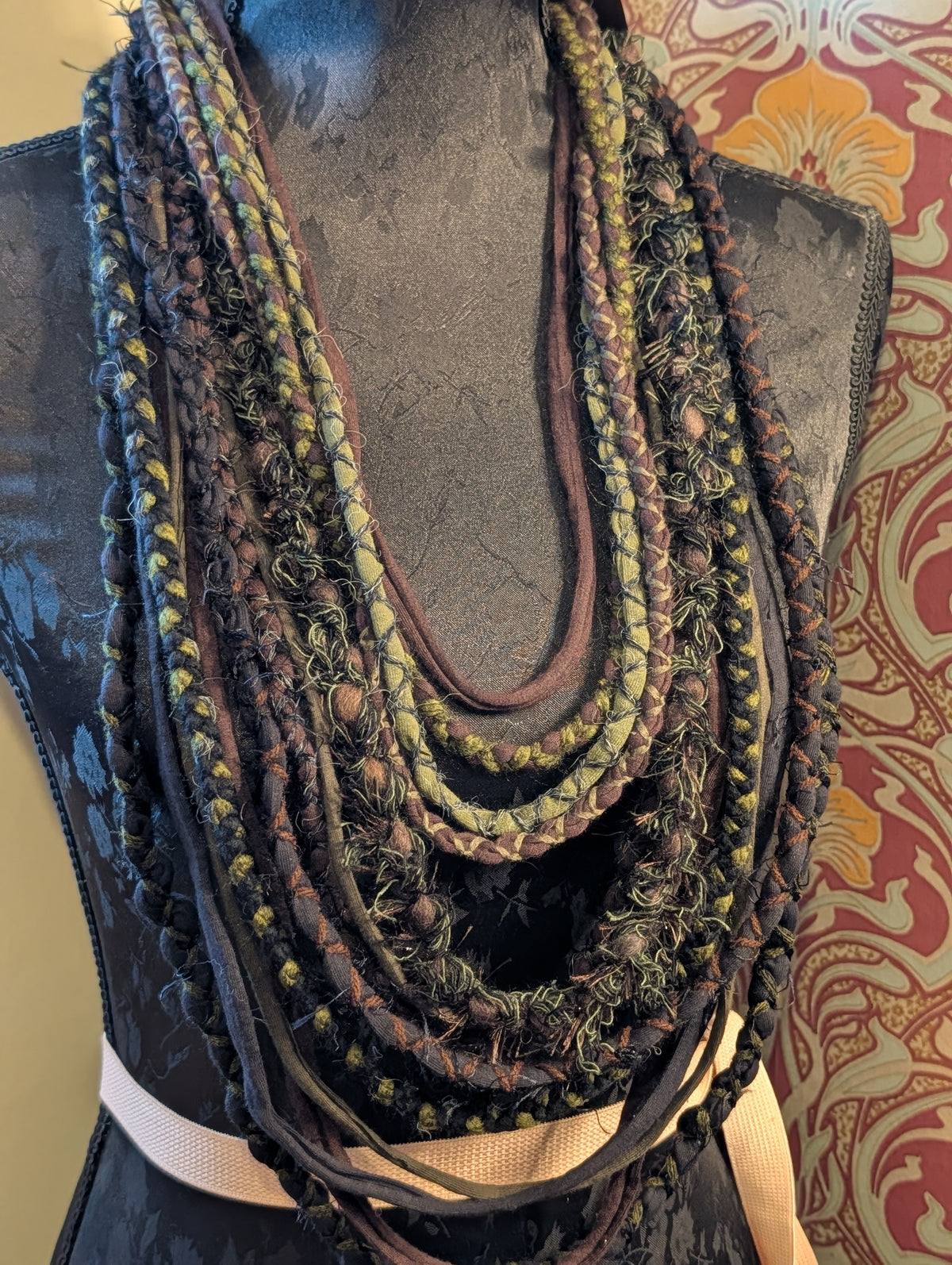 Moss Hollow, A Beautiful, forest inspired fabric necklace, Earthy shades that create a dark and witchy overtone