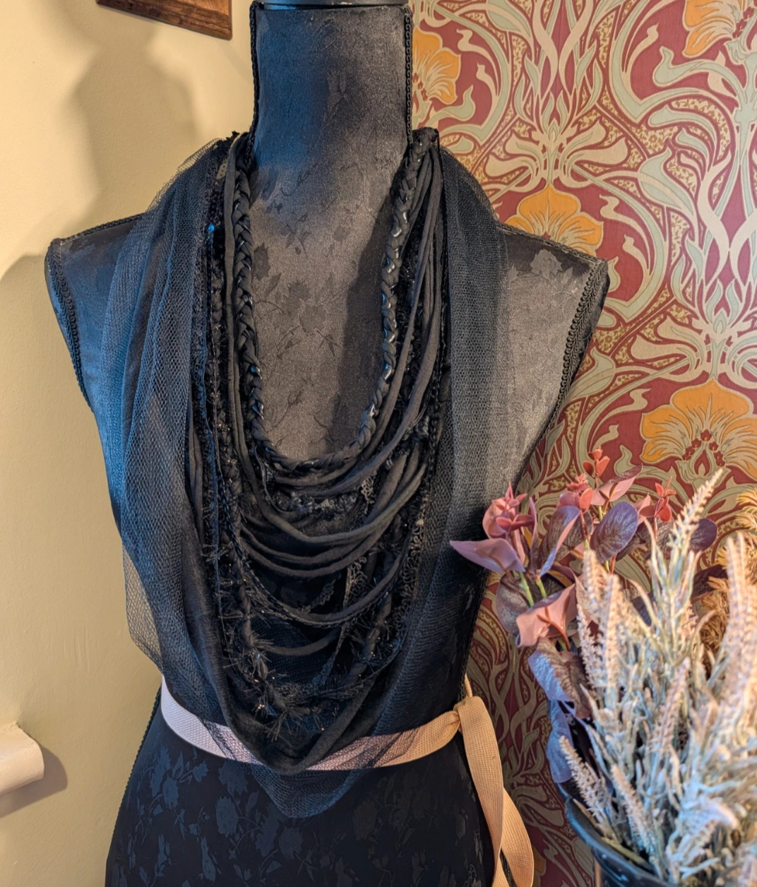 Victorian Jet design, Gothic Upcycled Unique fabric necklace