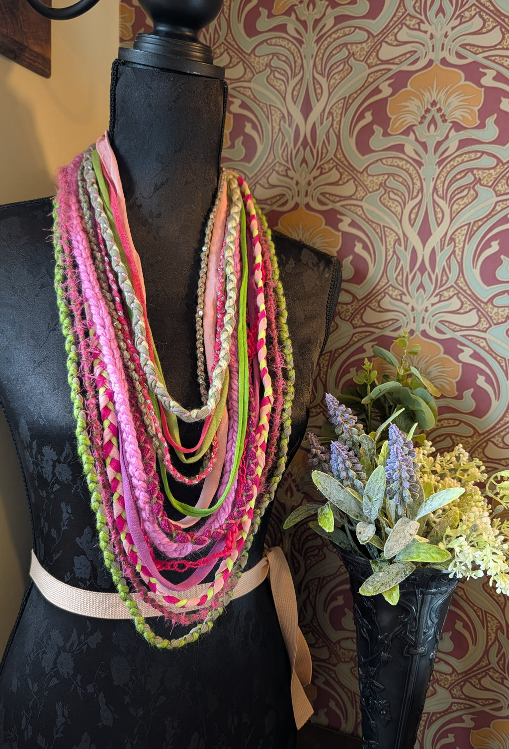 Handmade upcycled statement necklace Neon Bloom