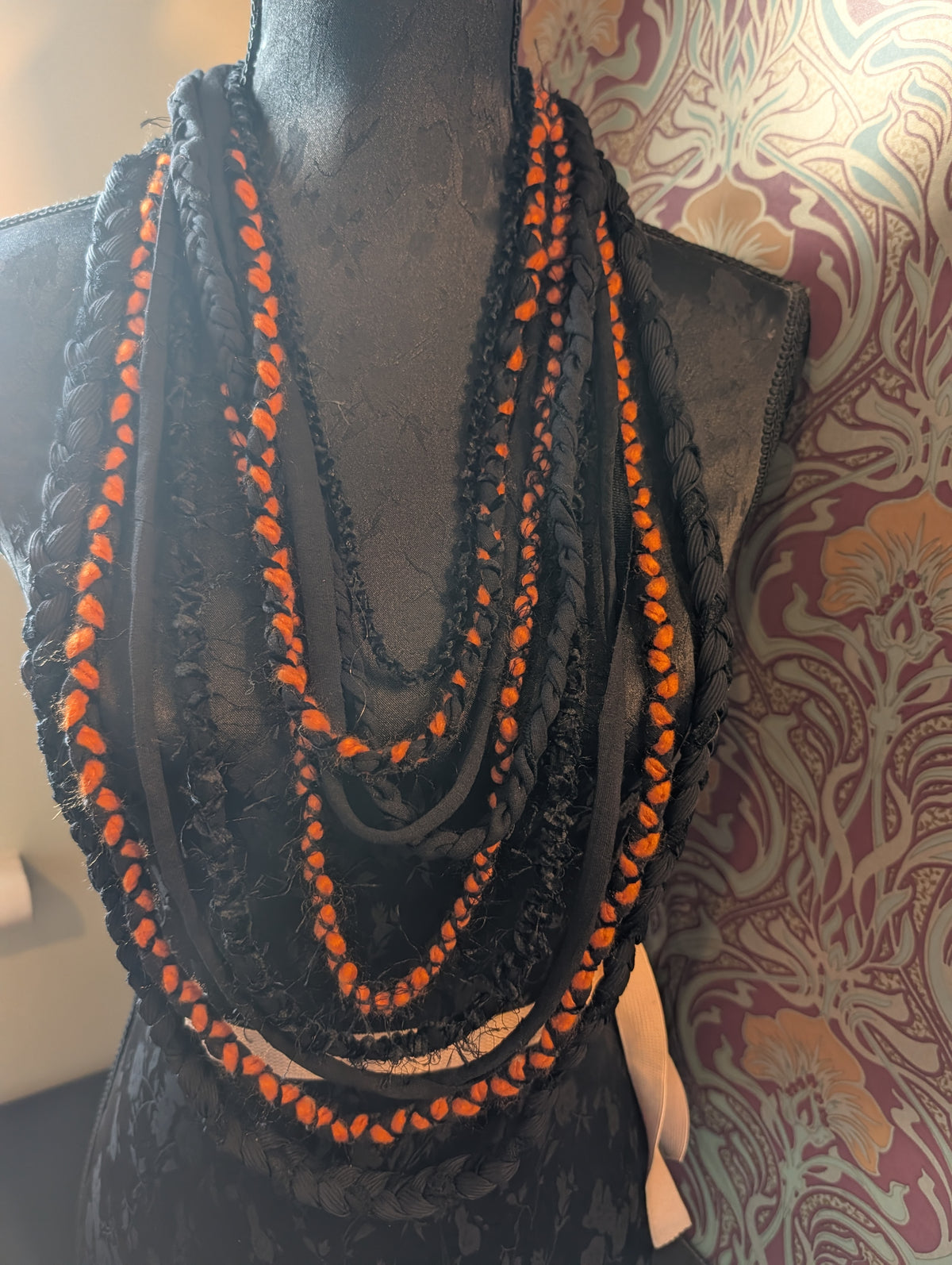 Pumpkin Moon, Upcycled Handmade Fabric Necklace, Goth Accessory, Halloween Accessory