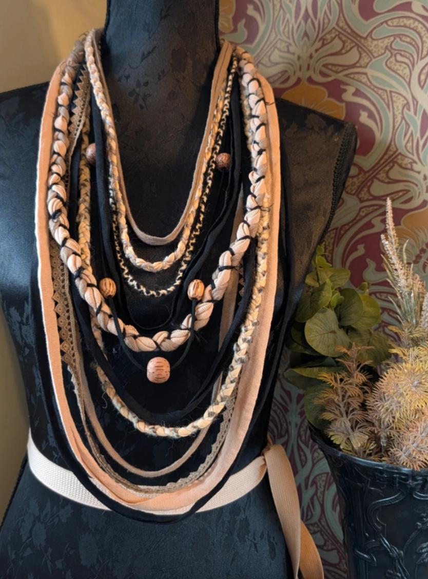 Unusual Handmade T-shirt Yarn Scarf, Mocha Black Boho Style