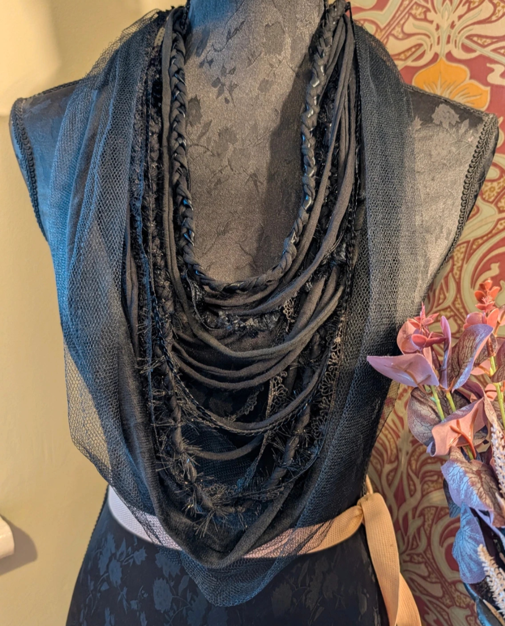 Victorian Jet design, Gothic Upcycled Unique fabric necklace