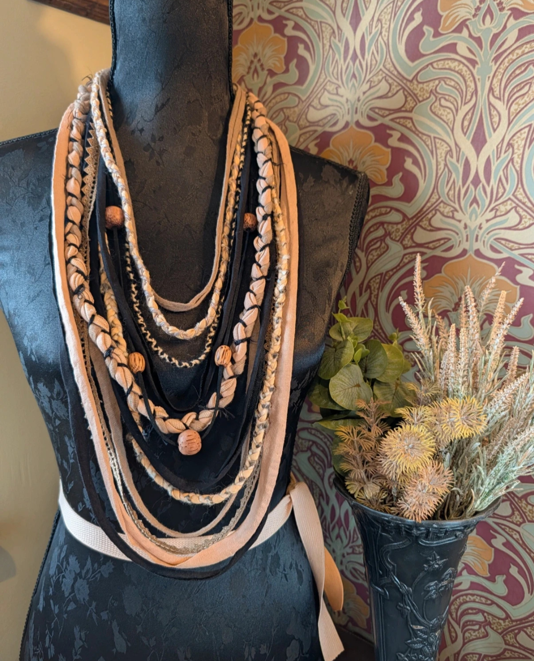 Unusual Handmade T-shirt Yarn Scarf, Mocha Black Boho Style