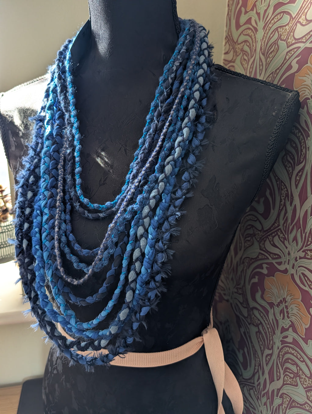 Mystic Azure, Boho Style Layered Fabric Necklace, Handmade & Unique Gift